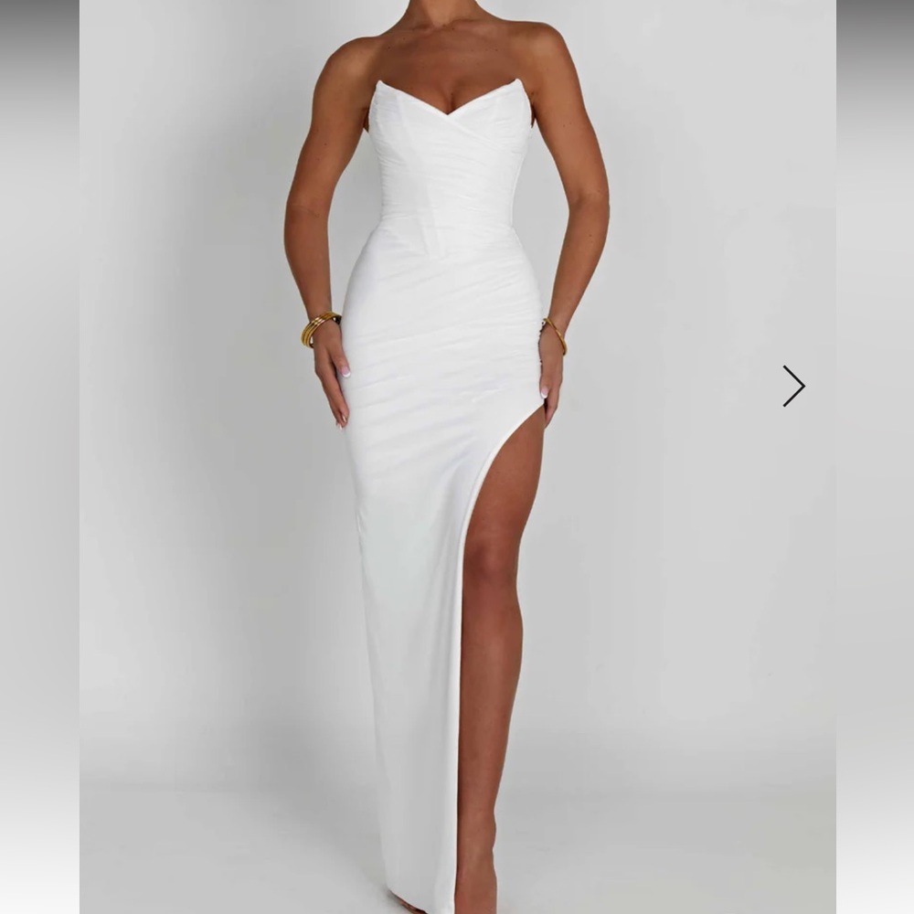Strapless White High-Slit Evening Gown